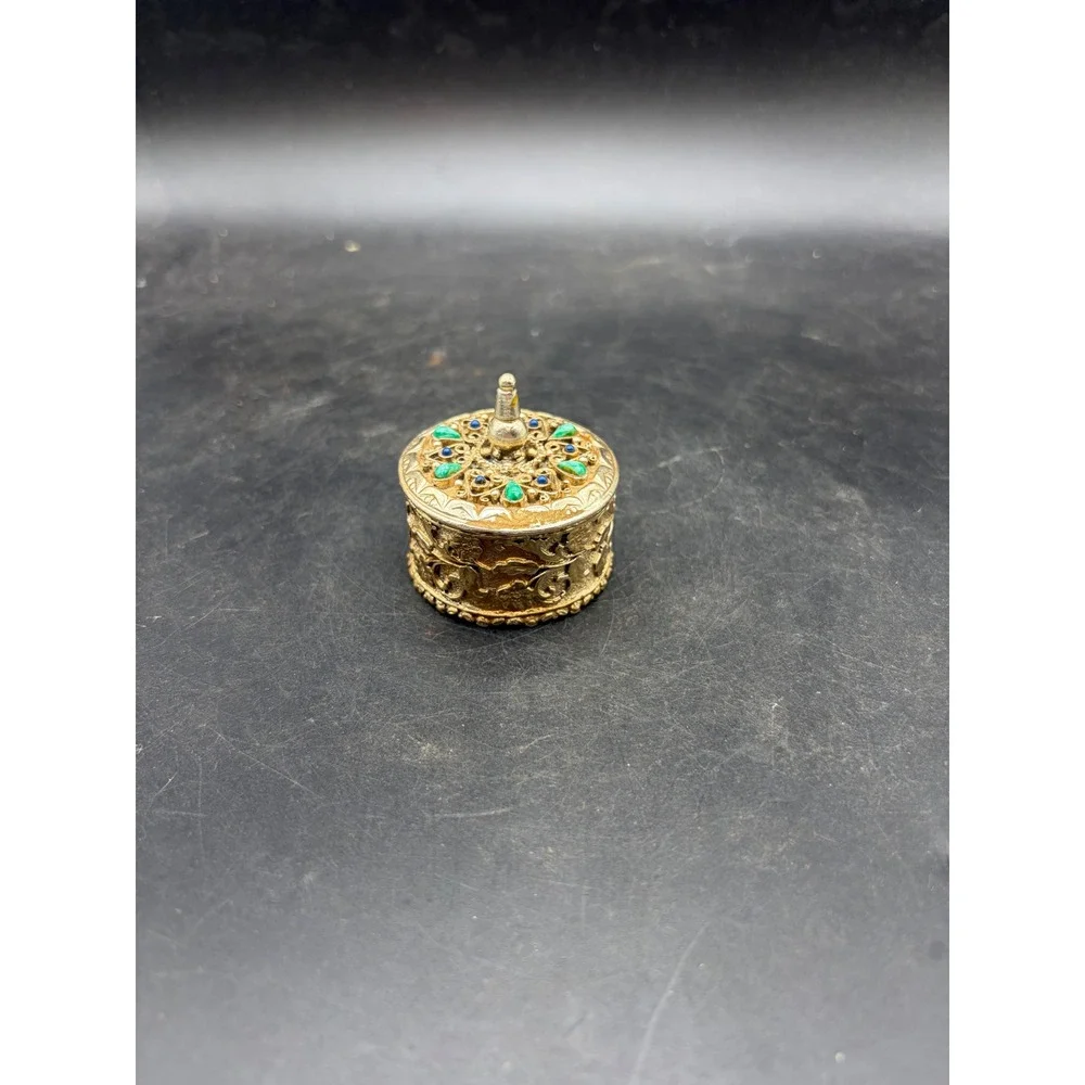 Vintage‎ Florenza Gold Tone Gemstone Box Faux Turquoise Blue Cabochon Filigree